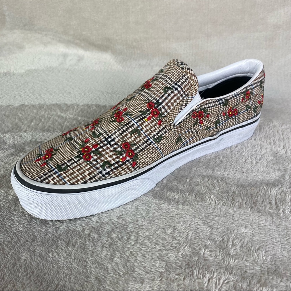 Vans Floral Plaid Slip On Sneaker Skate Shoes Womens Size 5 Brown Red Stitch NEW - Picture 4 of 11